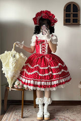 Red Polka Dots Print Ruffle Bowknot Lace-Up Sweet Lolita Dress - Product - 8