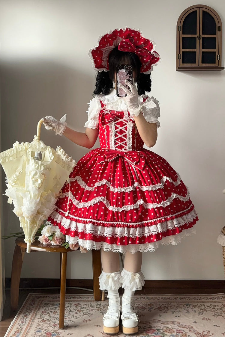 Red Polka Dots Print Ruffle Bowknot Lace-Up Sweet Lolita Dress - Product - 8
