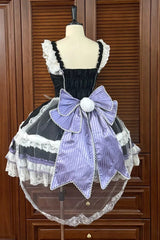 Black/Purple [Prelude of Ribbons] Square Collar Sleeveless Jacquard Ruffled Open-Front Bow Lace Pearl Detail Floral Wall Plus Size Sweet Lolita Jsk Dress - Product - 2