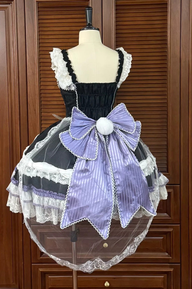Black/Purple [Prelude of Ribbons] Square Collar Sleeveless Jacquard Ruffled Open-Front Bow Lace Pearl Detail Floral Wall Plus Size Sweet Lolita Jsk Dress - Product - 2