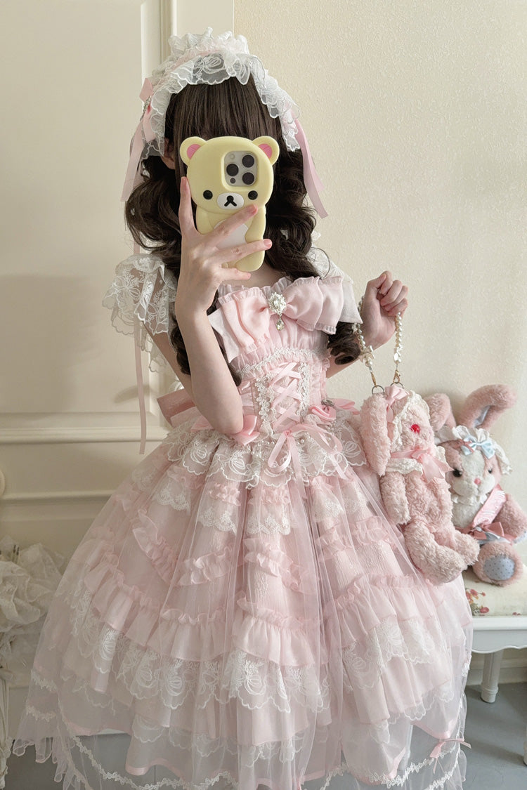Pink [Eternal Vow] Sleeveless Multi-Layered Ruffle Hanayome Bowknot Lace Lace-Up Sweet Lolita Jsk Dress - Product - 4