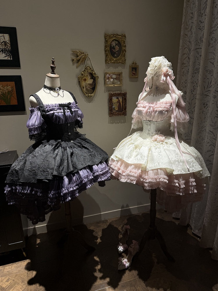 Pink & White Gothic Underbust JSK Dress and Off-Shoulder Blouse Set detail view 8
