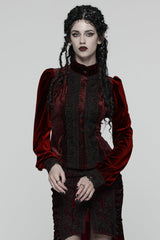 Red Stand Collar Long Puff Sleeves Floral Embroidered Lace-Up Women's Gothic Blouse - Red - 1