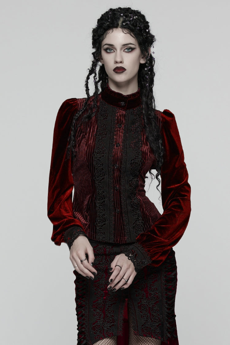 Red Stand Collar Long Puff Sleeves Floral Embroidered Lace-Up Women's Gothic Blouse - Red - 1