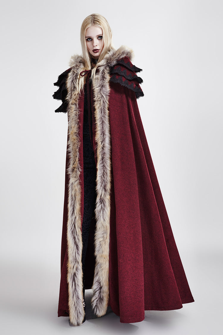 Red Hooded Fur Collar Wool Long Womens Gothic Coat Cloak - Product - 3