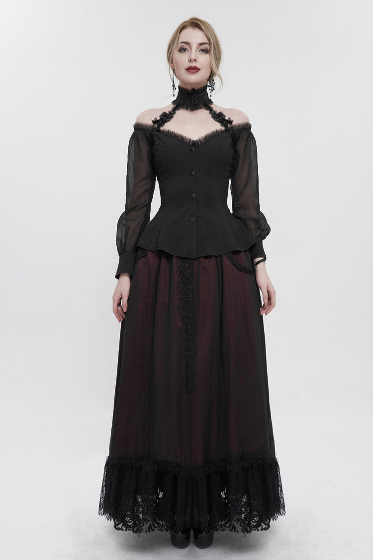 Black Long Sleeve Lace Trim Panel Woven Adjustable Back Women's Gothic T-Shirt - Product - 2