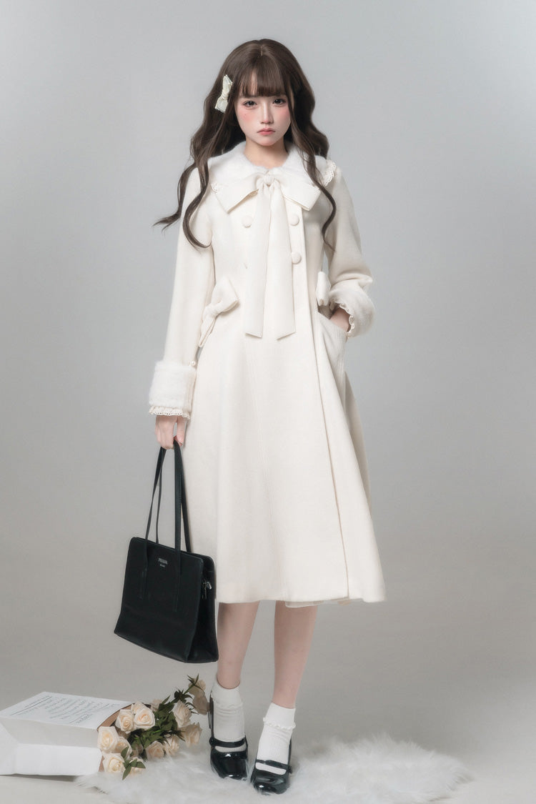 White [First Snow] Doll Collar Long Sleeves Bow Sweet Lolita Coat - Product - 7