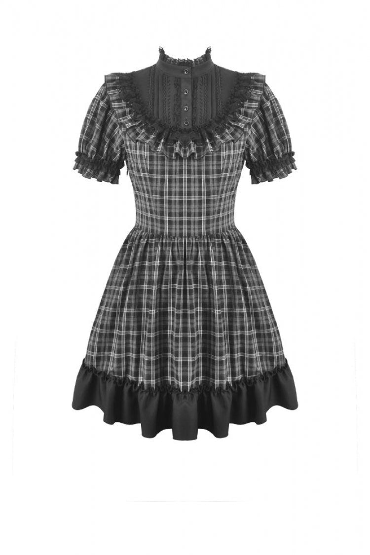 Black/White Plaid Stand Collar Short Puff Sleeves Ruffled  Lace Lace-Up Women's Lolita Gothic Dress - Product - 3