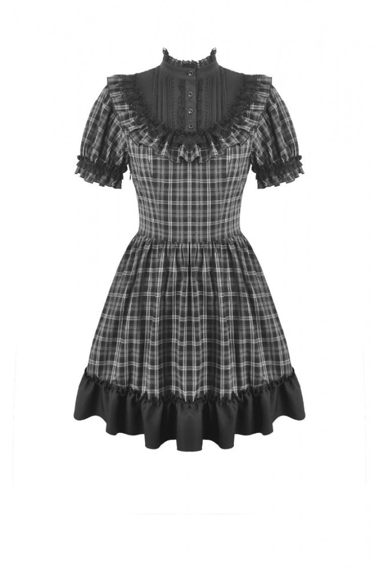 Black/White Plaid Stand Collar Short Puff Sleeves Ruffled  Lace Lace-Up Women's Lolita Gothic Dress - Product - 3