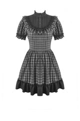 Black/White Plaid Stand Collar Short Puff Sleeves Ruffled  Lace Lace-Up Women's Lolita Gothic Dress - Product - 3