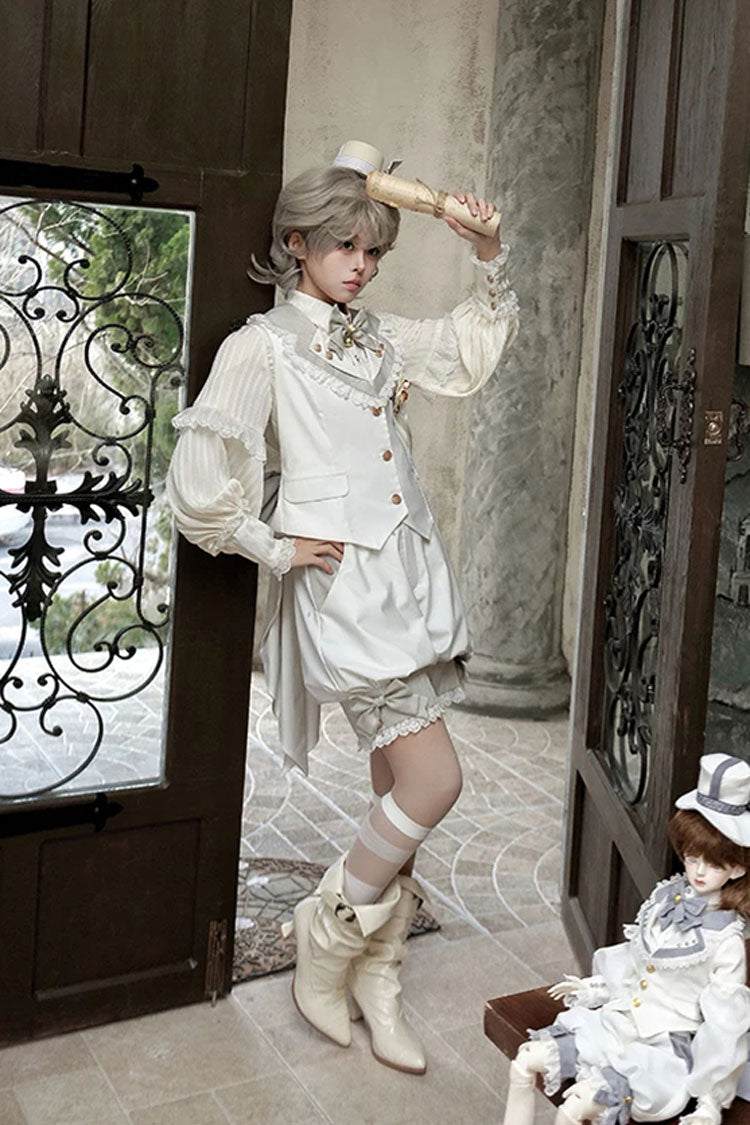 White [Candy Shop] V Collar Sleeveless Bow Lace Sweet Ouji Lolita Shorts Vest Set - Product - 5