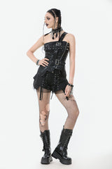 Black Sleeveless Single Shoulder Strap Straps Diagonal Zipper Studded Women'S Punk Faux Leather Vest - Product - 2