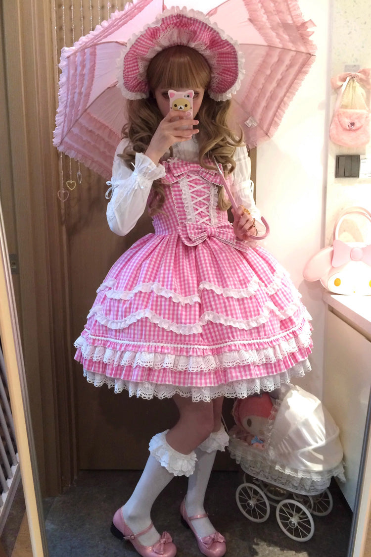 Pink Plaid Print Ruffle Bowknot Lace-Up Sweet Lolita Dress - Product - 8