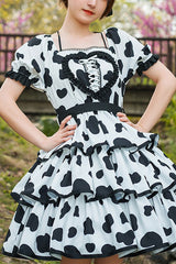 White/Black Halter Neck Puff Sleeve Ruffled Cow Print Sweet Lolita OP Dress - White/Black - 1
