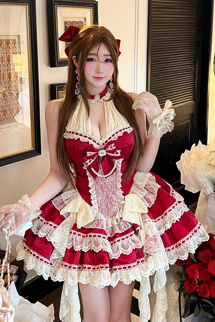 Red [Beloved Young Lady] Halterneck Sleeveless Double-Layered Ruffle Bowknot Lace Elegant Sweet Lolita Dress - Red - 1