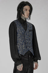 Blue Punk Gorgeous V Neck Asymmetrical Relief Sculpture Jacquard Double Row Hand Seam Button Men's Vest - Product - 2