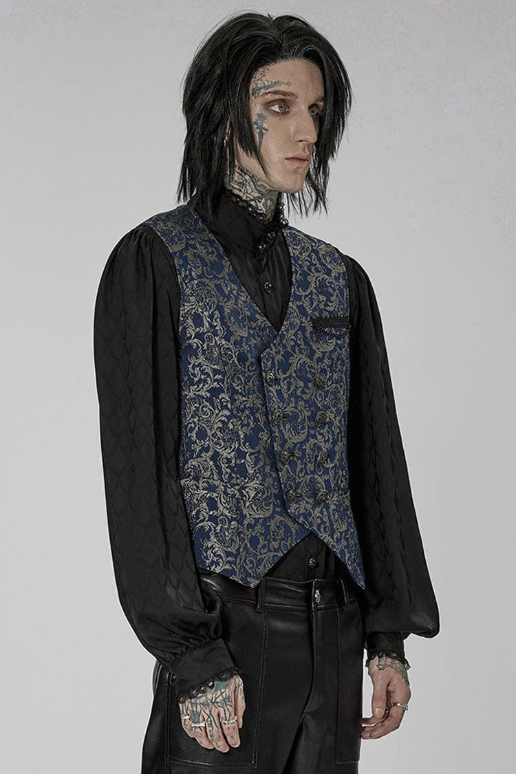 Blue Punk Gorgeous V Neck Asymmetrical Relief Sculpture Jacquard Double Row Hand Seam Button Men's Vest - Product - 2