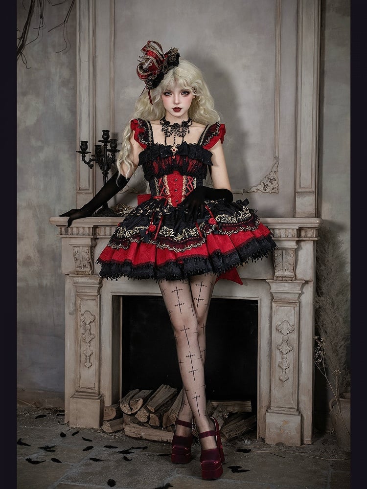 Black & Red Bat Embroidery Gothic Lolita JSK Dress detail view 8