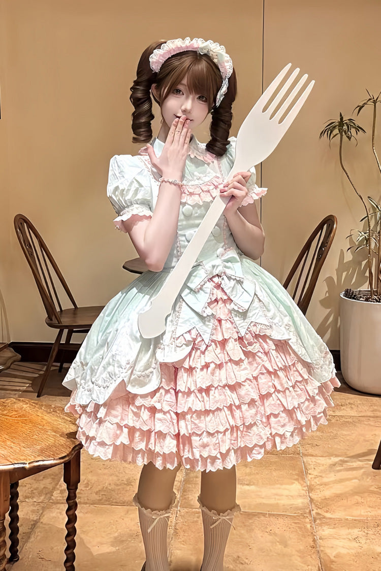 Pink/Green [Honeydew Melon Parfait] Short Sleeves Multi-Layered Ruffle Bowknot Sweet Lolita Dress - Product - 6