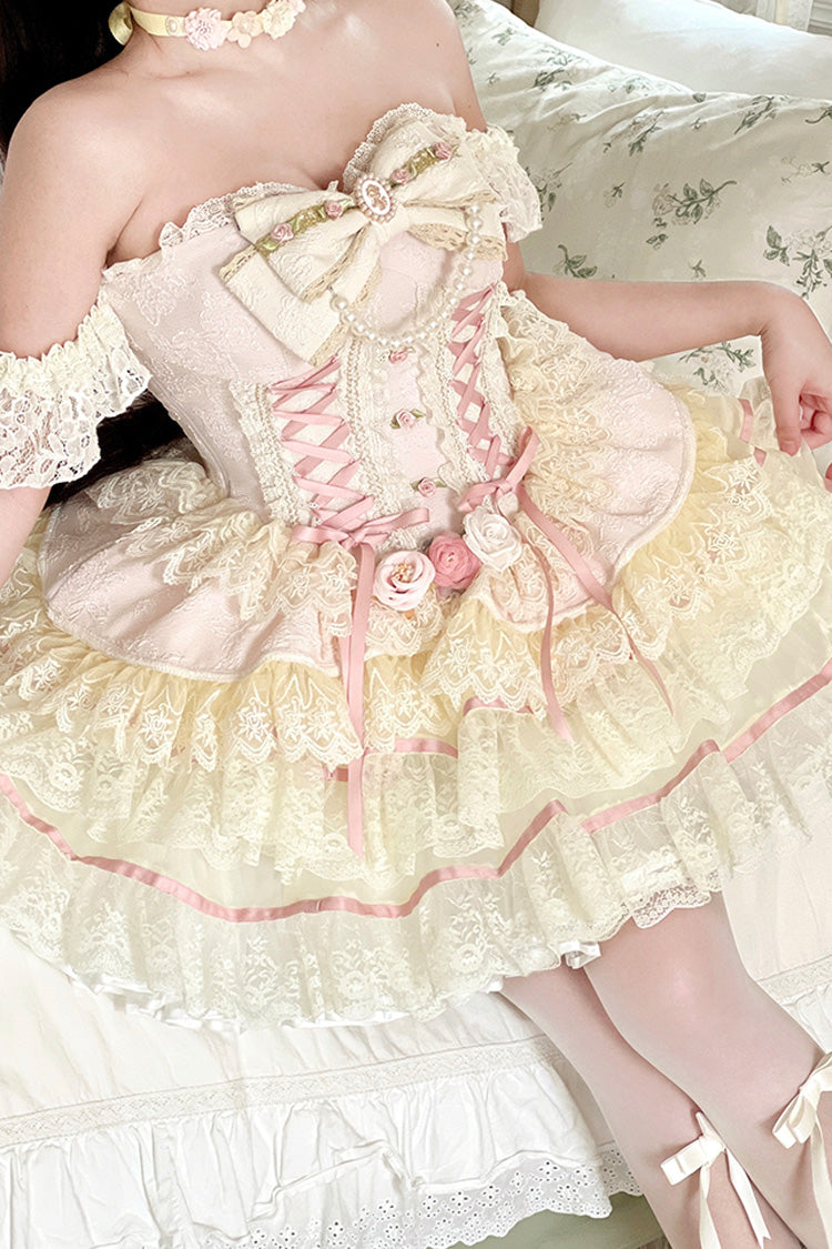 Pink [Sweet Tea Rose Dew] Triple-Layered Ruffle Bowknot Lace Gorgeous Sweet Lolita Skirt - Product - 4