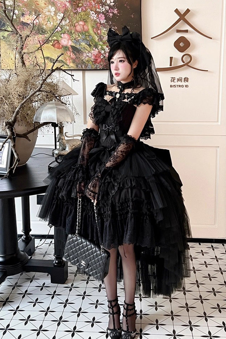 Black [Jewelry Love Story] Halterneck Ruffle Hanayome Bowknot Lace Gothic Lolita Dress - Product - 6