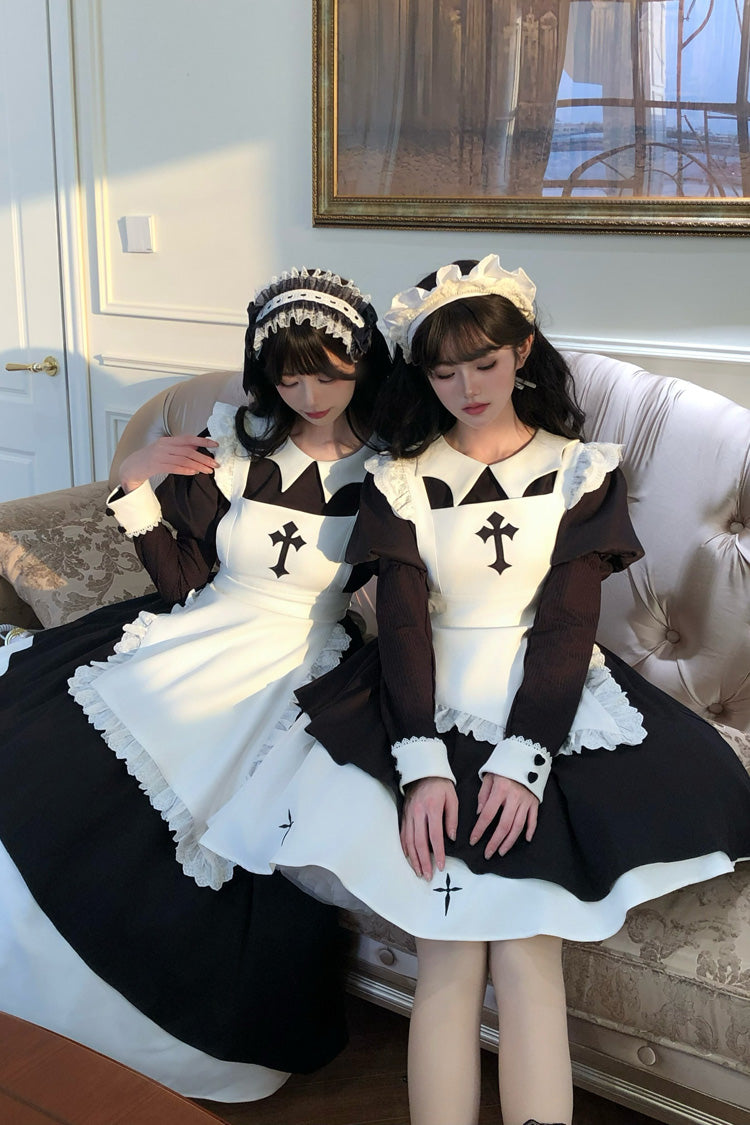 Black/White [Halloween Little Maid] Lapel Collar Long Sleeves Printed Ruffled Asymmetric Nun Gothic Lolita Dress - Product - 7