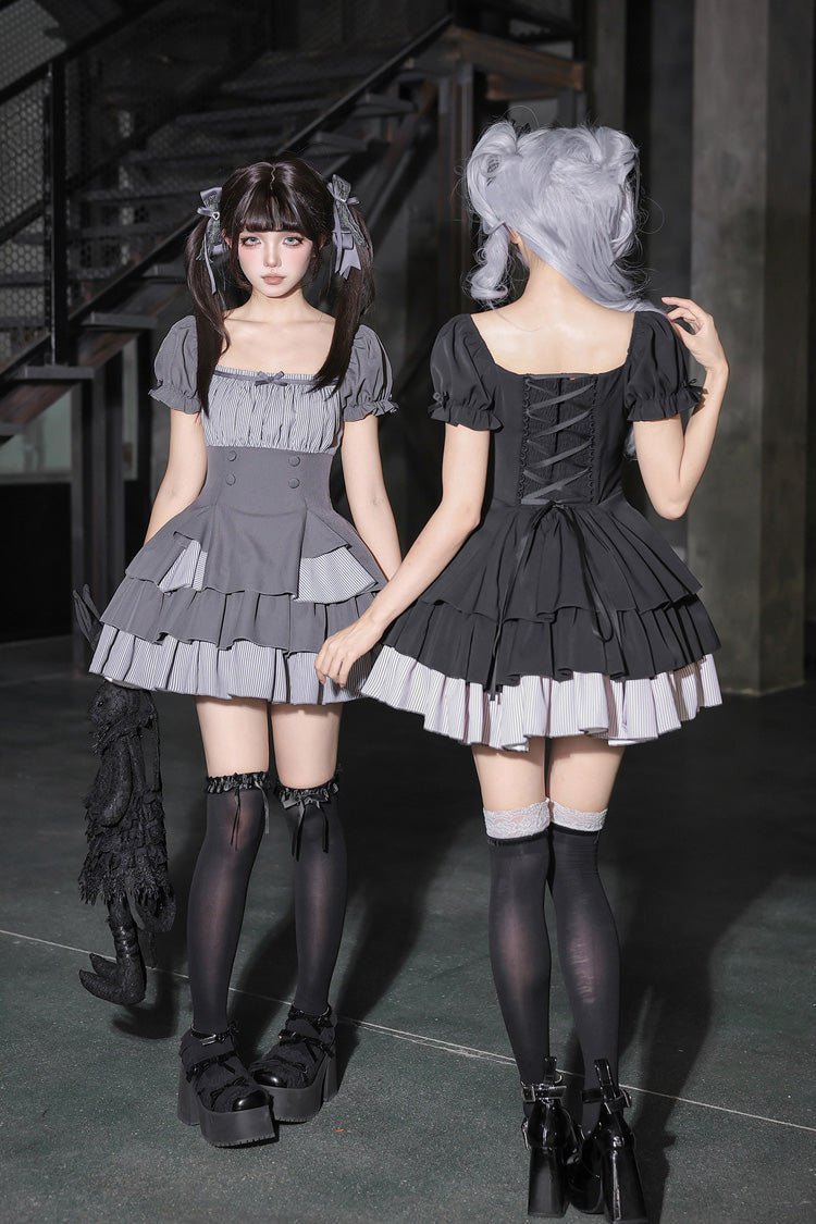 Black Square Collar Off Shoulder Short Sleeves Triple-Layered Bow Vintage Cool Lolita Dress - Product - 13