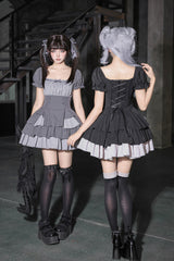 Black Square Collar Off Shoulder Short Sleeves Triple-Layered Bow Vintage Cool Lolita Dress - Product - 13