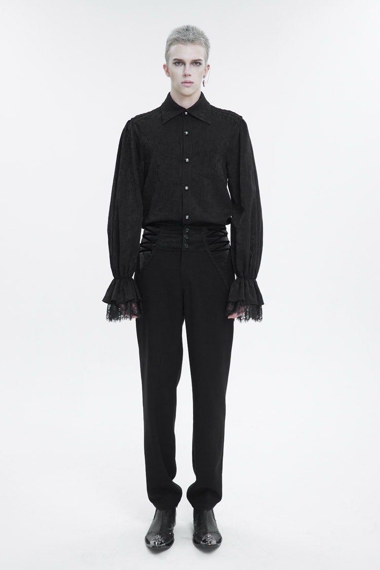 Black Lapel Collar Puff Sleeved Lace Hem Men's Gothic Shirt - Product - 3