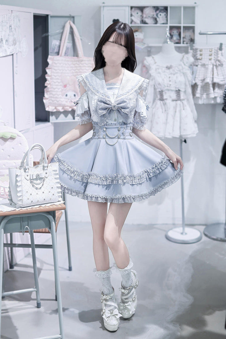 Aqua [Apprentice Witch] Off Shoulder Navy Collar Short Sleeves Ruffled Bow Lace Pearl Detail Classic Jirai Kei Japanese Skirt Set - Product - 7