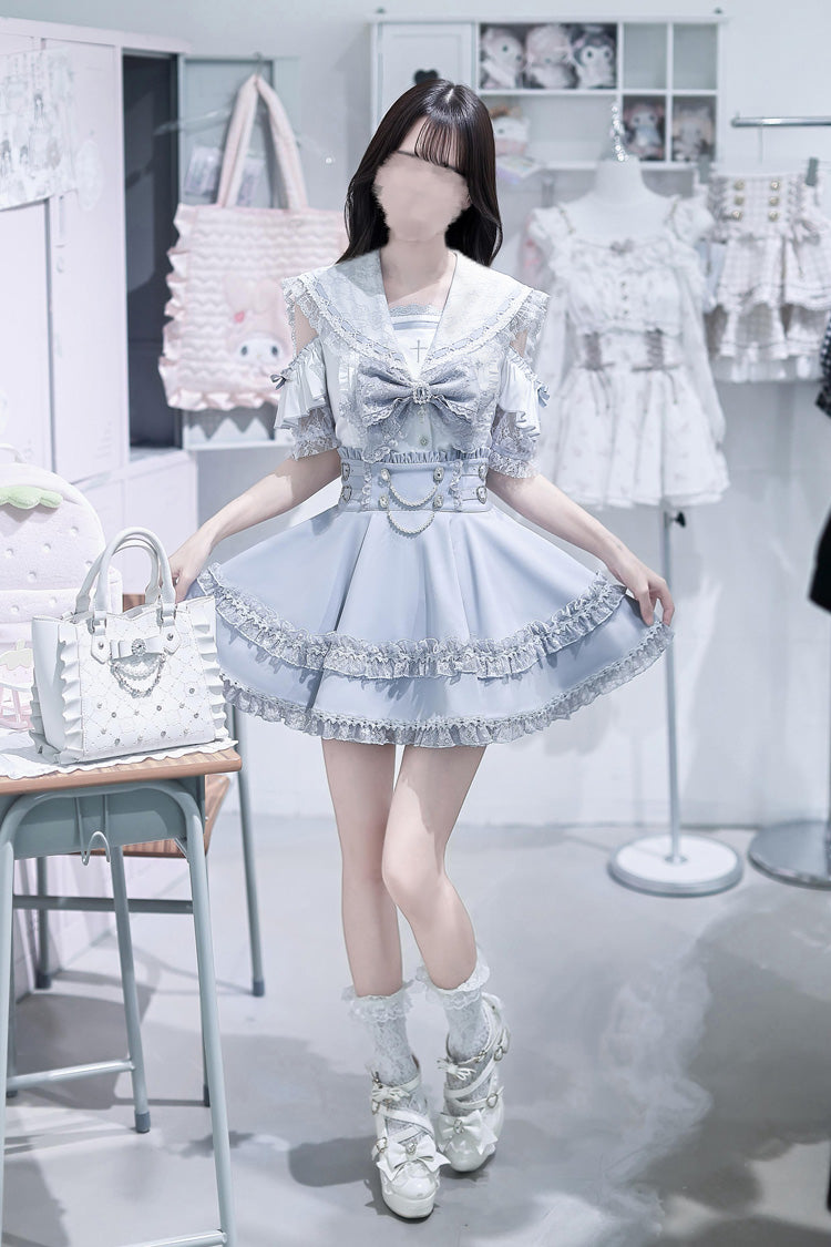 Aqua [Apprentice Witch] Off Shoulder Navy Collar Short Sleeves Ruffled Bow Lace Pearl Detail Classic Jirai Kei Japanese Skirt Set - Product - 7