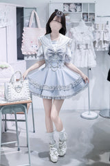 Aqua [Apprentice Witch] Off Shoulder Navy Collar Short Sleeves Ruffled Bow Lace Pearl Detail Classic Jirai Kei Japanese Skirt Set - Product - 7