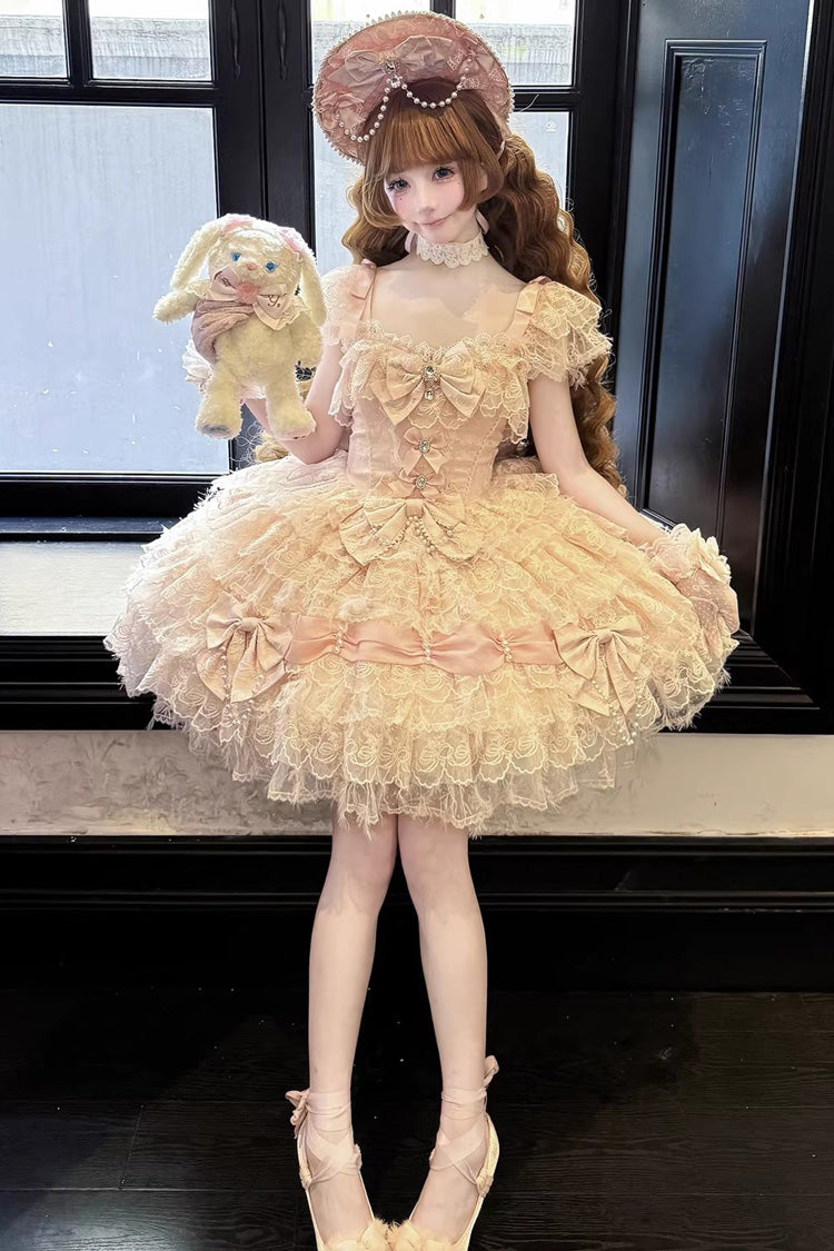 Pink [Cloudborne Snowfeather] Sleeveless Multi-Layered Hanayome Bowknot Pearl Gothic Lolita Jsk Dress - Product - 4