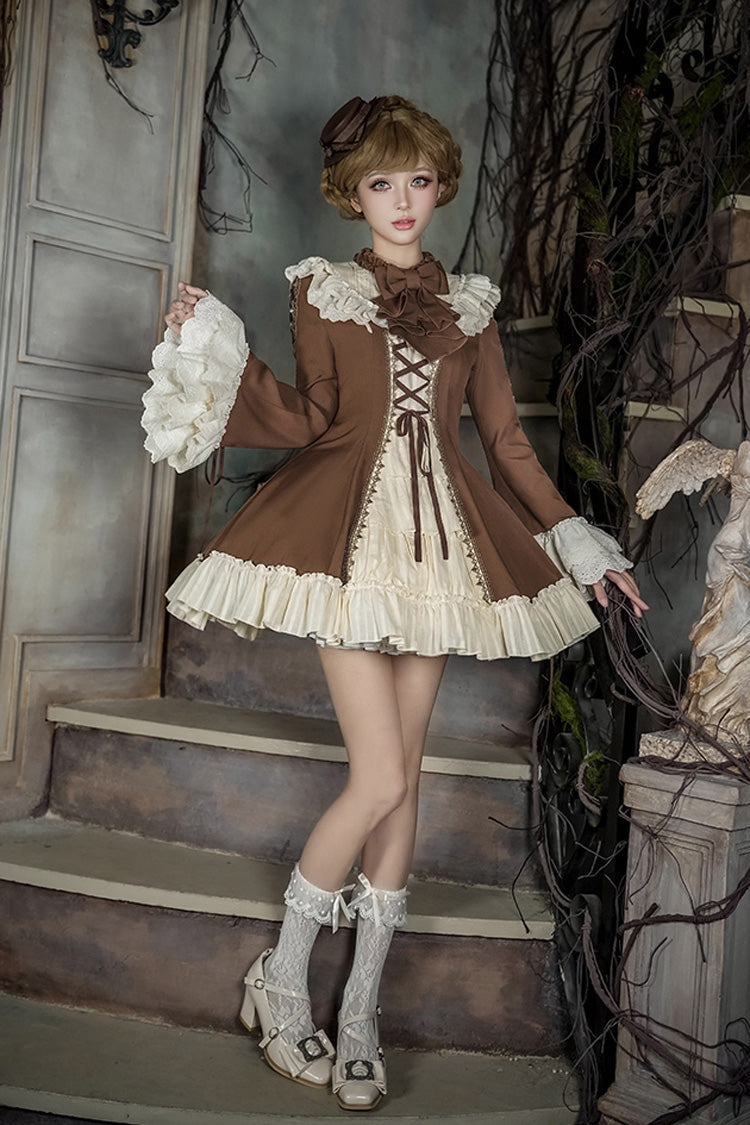 Brown/Beige [Nutcracker] Stand Collar Long Trumpet Sleeves Ruffle Cardigan Bowknot Lace-Up Sweet Lolita Dress Set 2 Versions - Product - 23