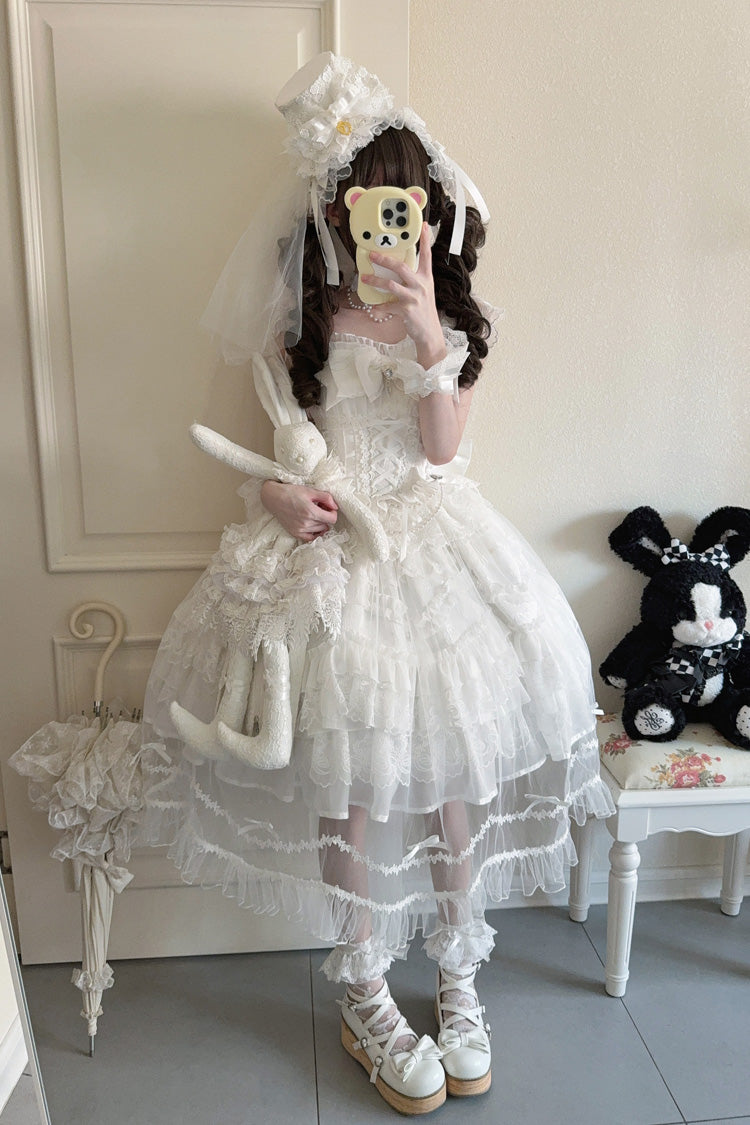 White [Eternal Vow] Sleeveless Multi-Layered Ruffle Hanayome Bowknot Lace Lace-Up Sweet Lolita Jsk Dress - Product - 5