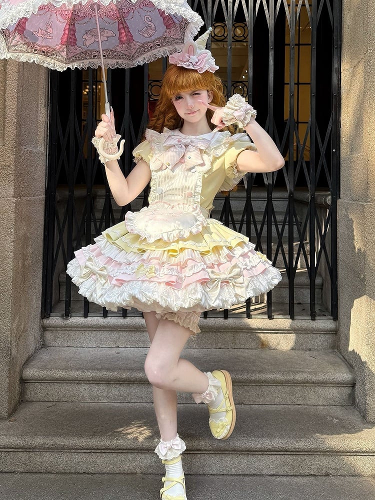 Yellow & Pink Bunny Maid Sweet Lolita Puff Sleeve Dress detail view 8