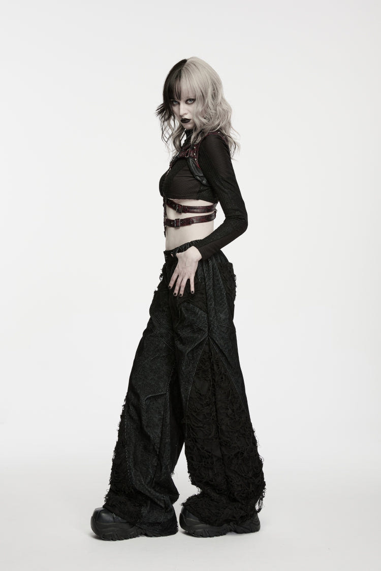 Black Patchwork Ripped Pleated Women's Punk Wide Leg Pants - Product - 8