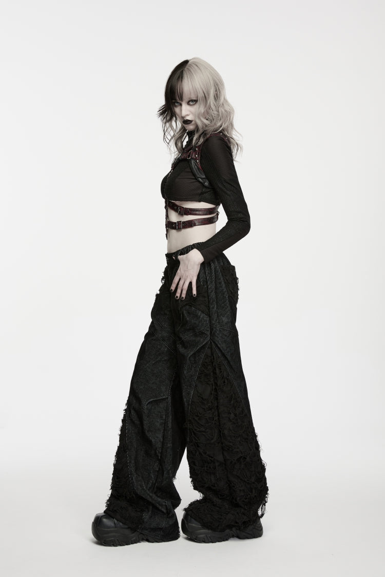 Black Patchwork Ripped Pleated Women's Punk Wide Leg Pants - Product - 8