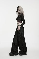 Black Patchwork Ripped Pleated Women's Punk Wide Leg Pants - Product - 8
