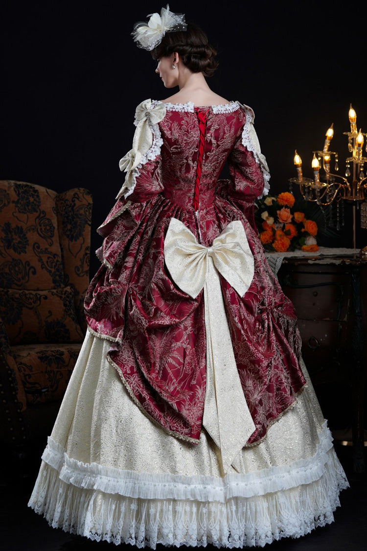 Wine/Ivory Long Hime Sleeves Lace-Up Classic Vintage Palace Lolita Victorian Dress - Product - 3