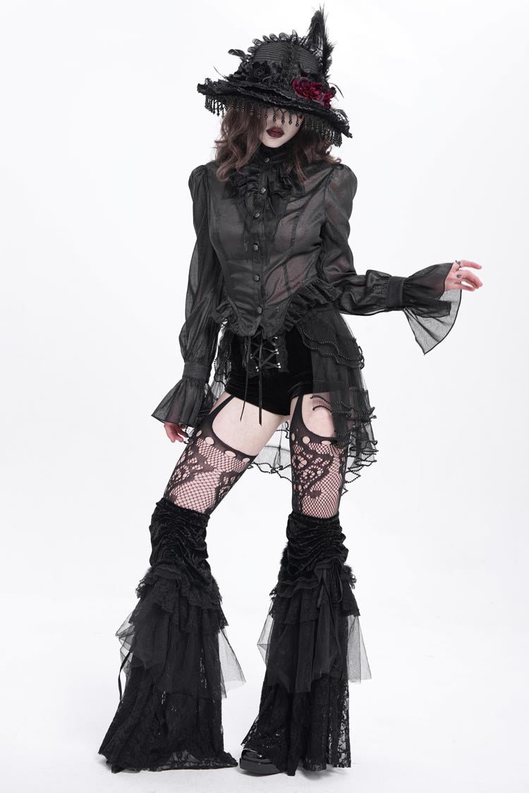 Black Ruffle Stitching Lace-Up Mesh Women's Gothic Shorts - Product - 7