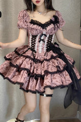 Pink Medea Kiss Short Sleeves Gothic Lolita Op Tiered Dress - Pink - 1