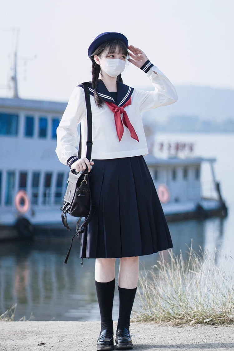 White/Dark Blue Long Sleeves Sweet Japanese School Skirt Set - Product - 9