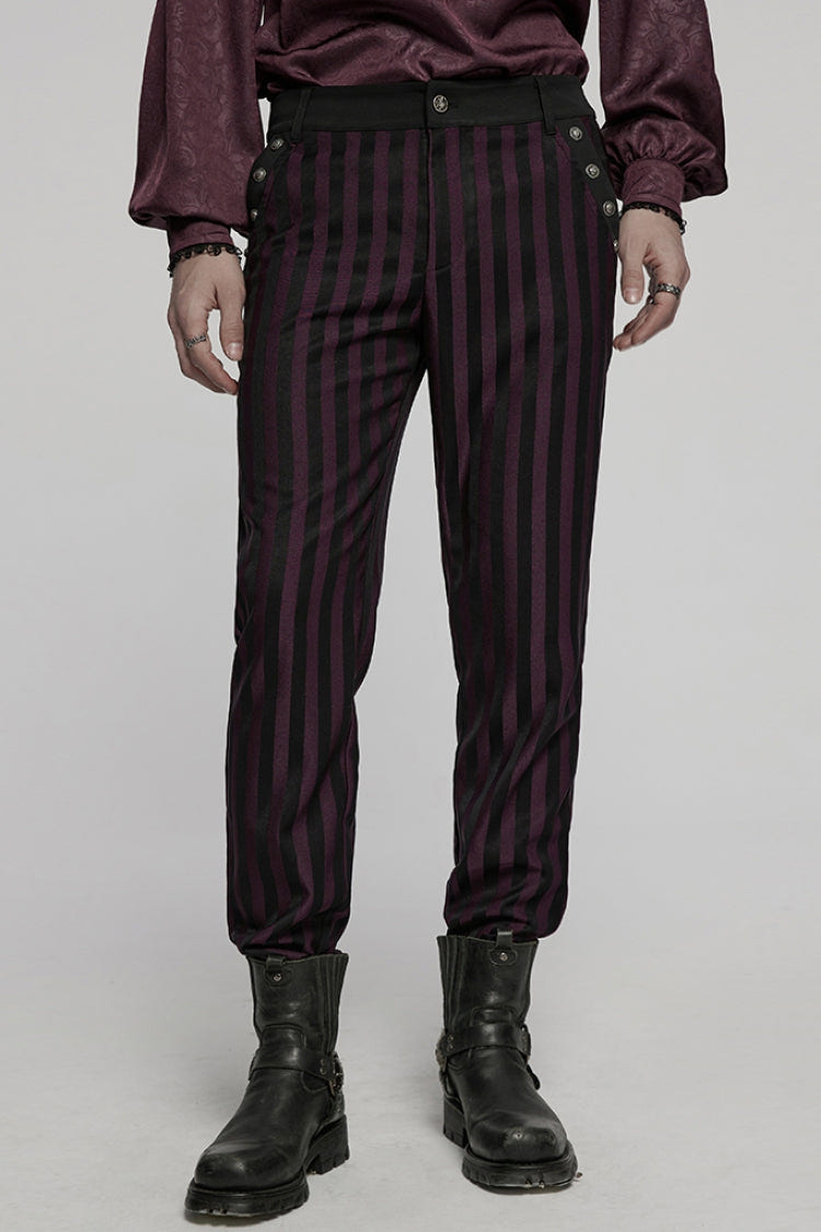 Black/Red High Waisted Striped Print Men's Gothic Suit Pants - Black/Red - 1