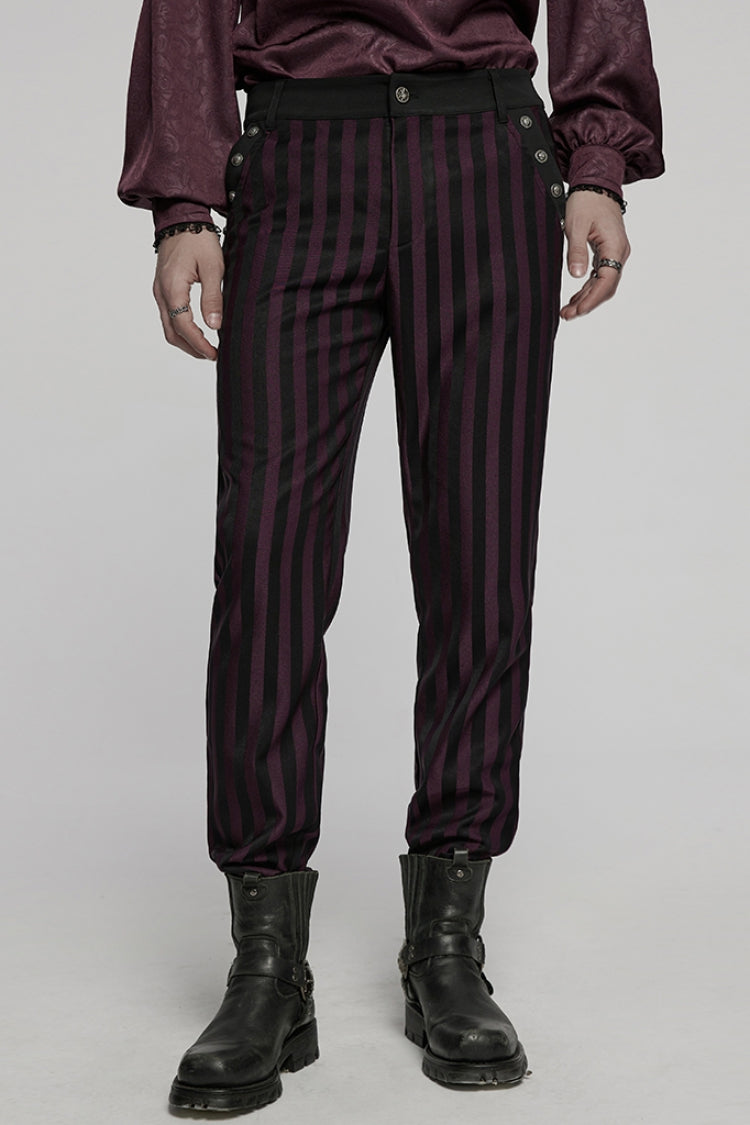 Black/Red High Waisted Striped Print Men's Gothic Suit Pants - Black/Red - 1