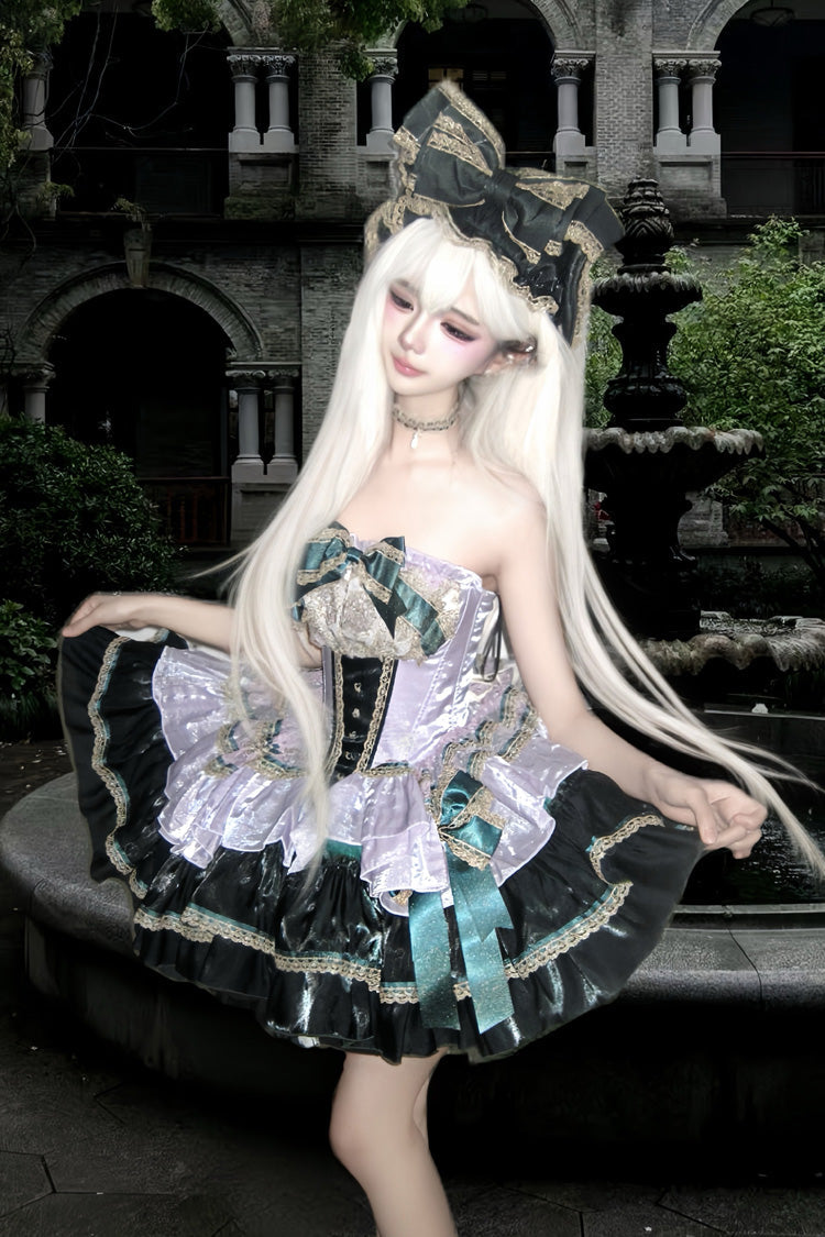 Green/Purple [The Little Mermaid's Tears] Sleeveless Multi-Layered Ruffled Bow Lace-Up Sweet Ballet Lolita Dress - Product - 6
