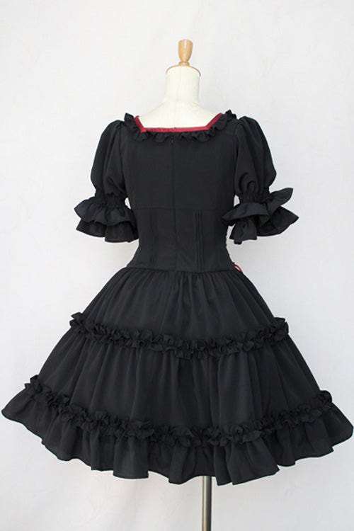Black Square Collar Short Sleeves Bowknot Gothic Lolita Dress - Product - 2