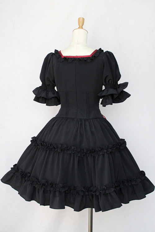 Black Square Collar Short Sleeves Bowknot Gothic Lolita Dress - Product - 2