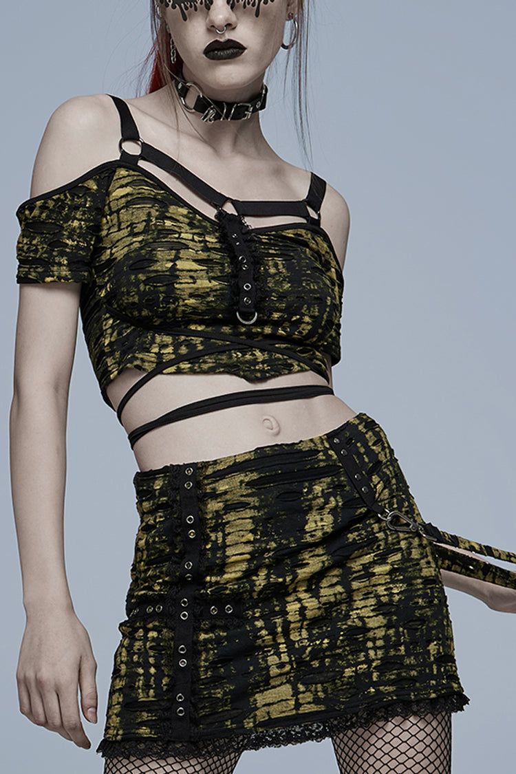 Off Shoulder Short Sleeves Print Ripped Women's Gothic Blouse 2 Colors - Black/Yellow - 9