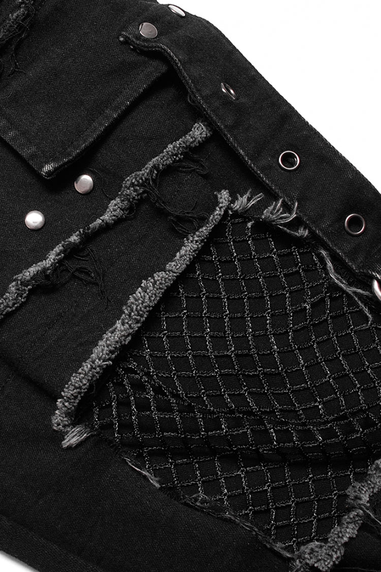 Black Hollow Lace-Up Ripped Men's Punk Pants - Product - 6